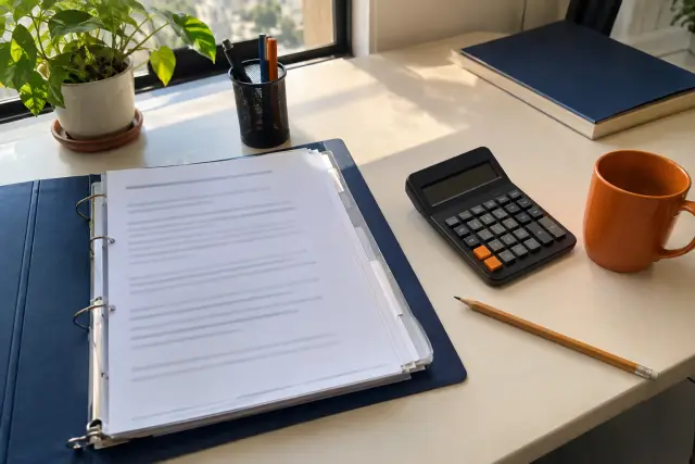 Archivador con papeles ordenados y calculadora en el escritorio de una pyme