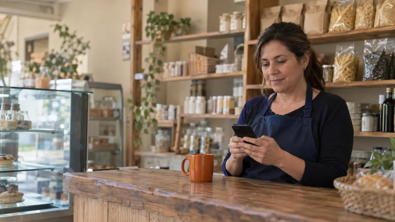 Emprendedora atendiendo su almacén mientras responde mensajes en el celular