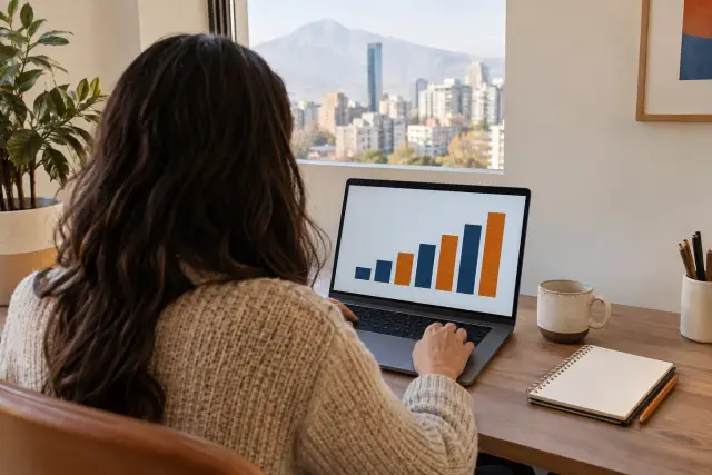 Persona revisando en su notebook un gráfico de crecimiento de su negocio