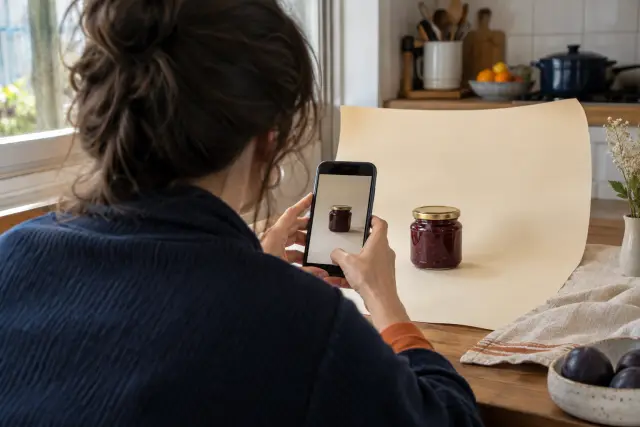 Emprendedora fotografiando con su celular un producto casero sobre cartulina