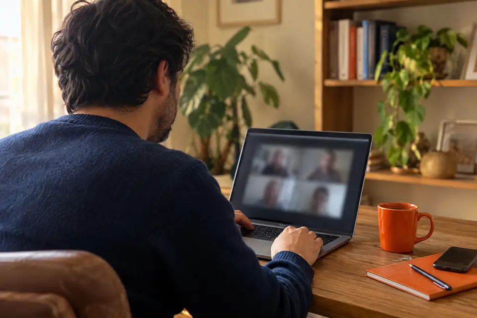 Emprendedor en una videollamada de asesoría desde su casa