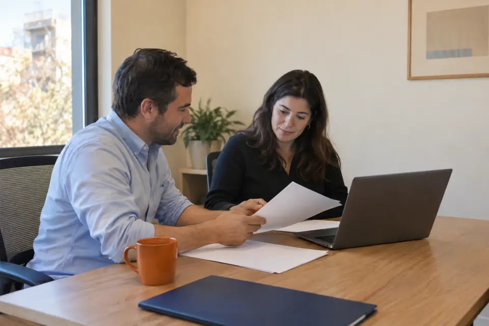 Dos emprendedores revisando documentos de su negocio en una mesa de trabajo