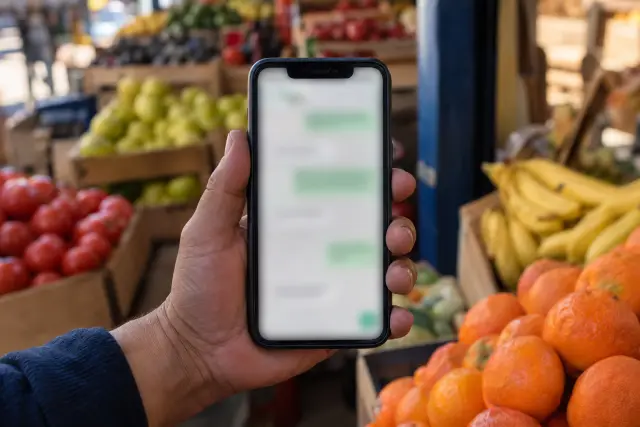 Comerciante de verdulería respondiendo mensajes de clientes en el celular